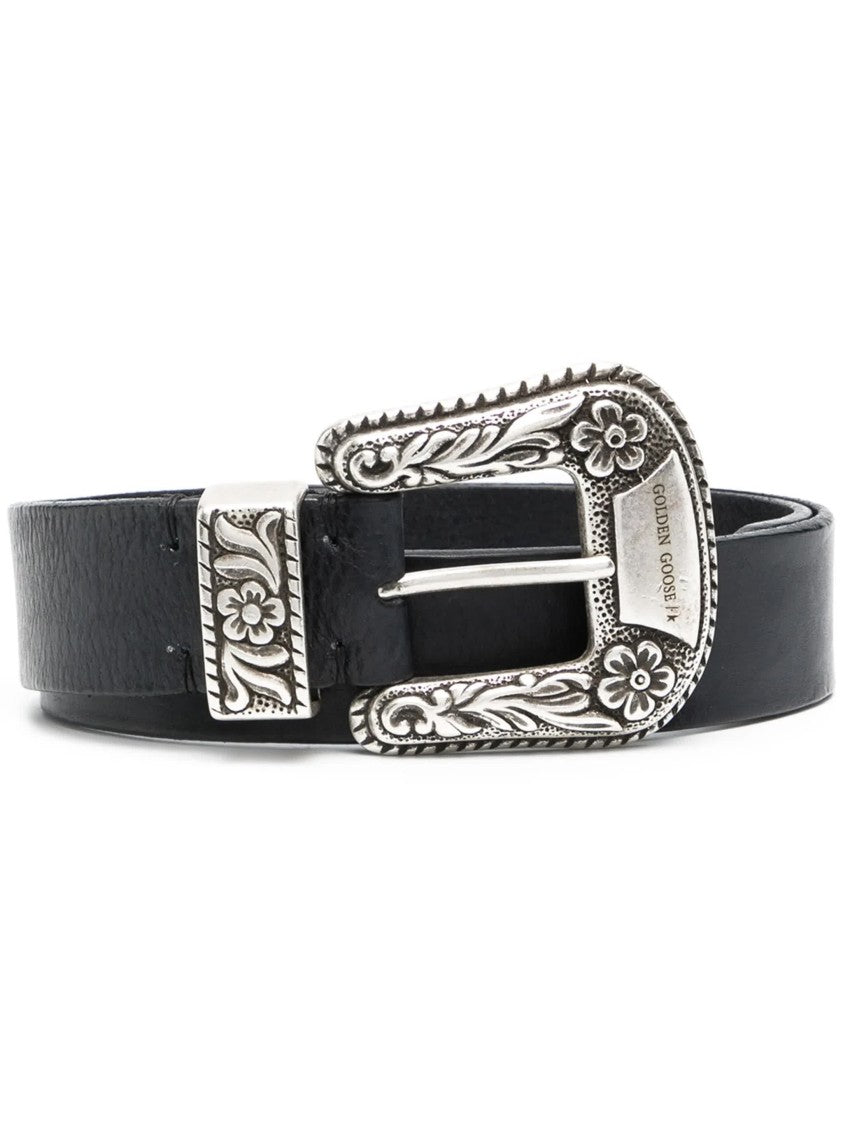 Golden Goose Black Leather Western-Style Belt With Engraved Silver Buckle