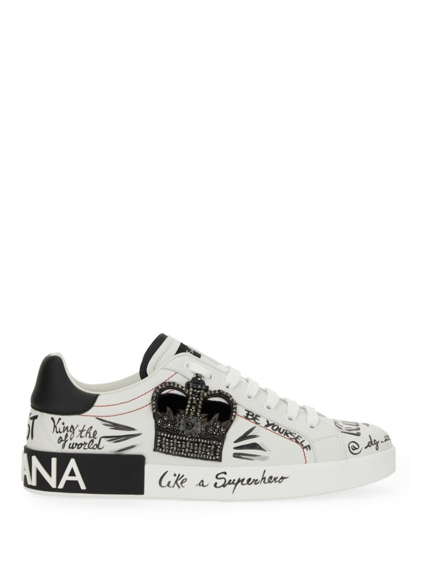 Dolce & Gabbana White Portfino Graffiti Printed Leather Sneakers
