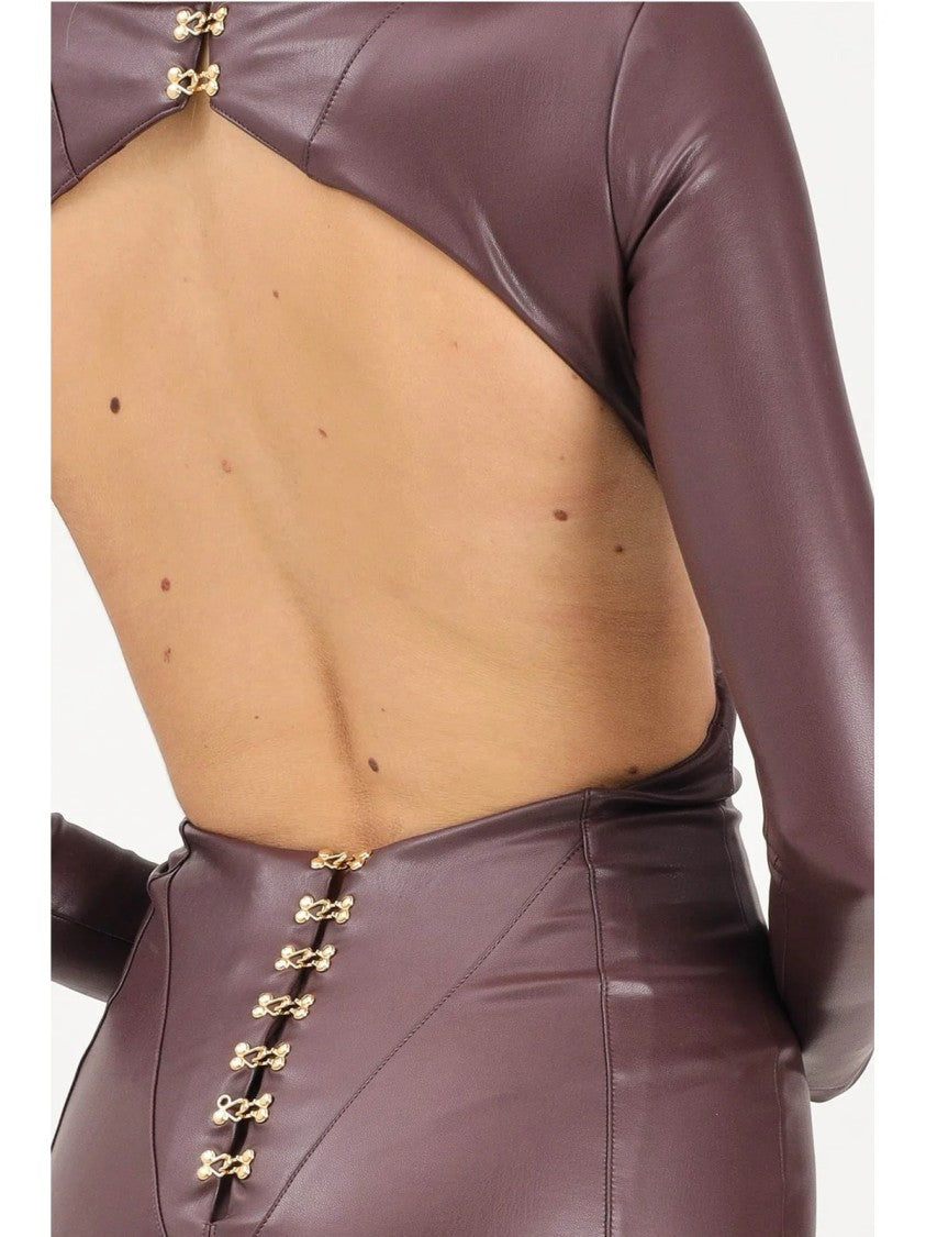 Elisabetta Franchi Ruched Midi Dress With Open Back In Glossy Faux Leather