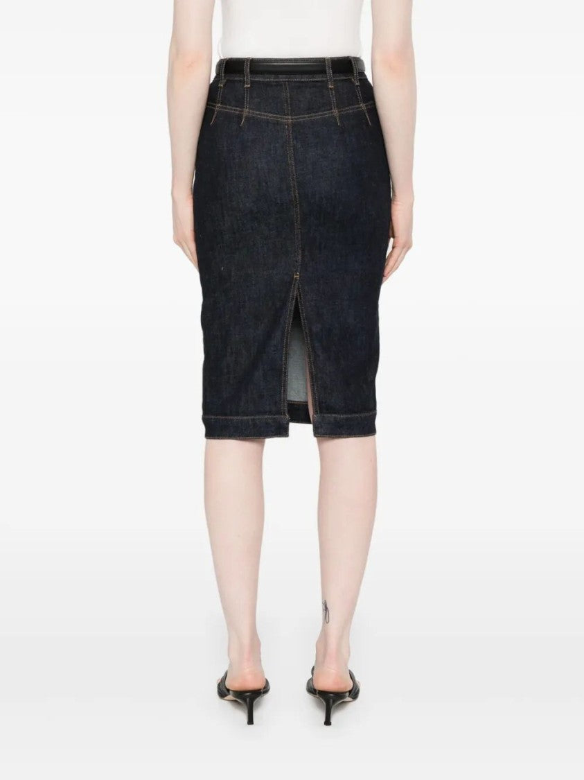 Self-Portrait High-Waisted Denim Midi Skirt