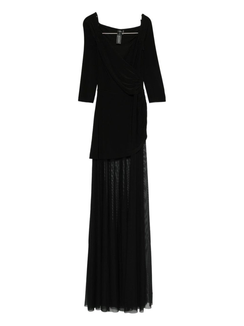 Norma Kamali Layered Black Maxi Dress With Draped Neckline And Sheer Overlay