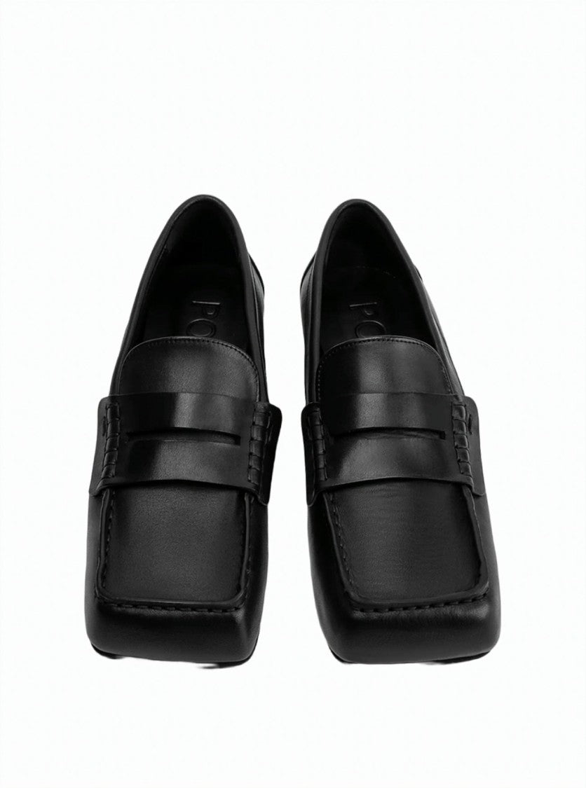 Poeve Finley Black Calfskin Square Toe Penny Loafers