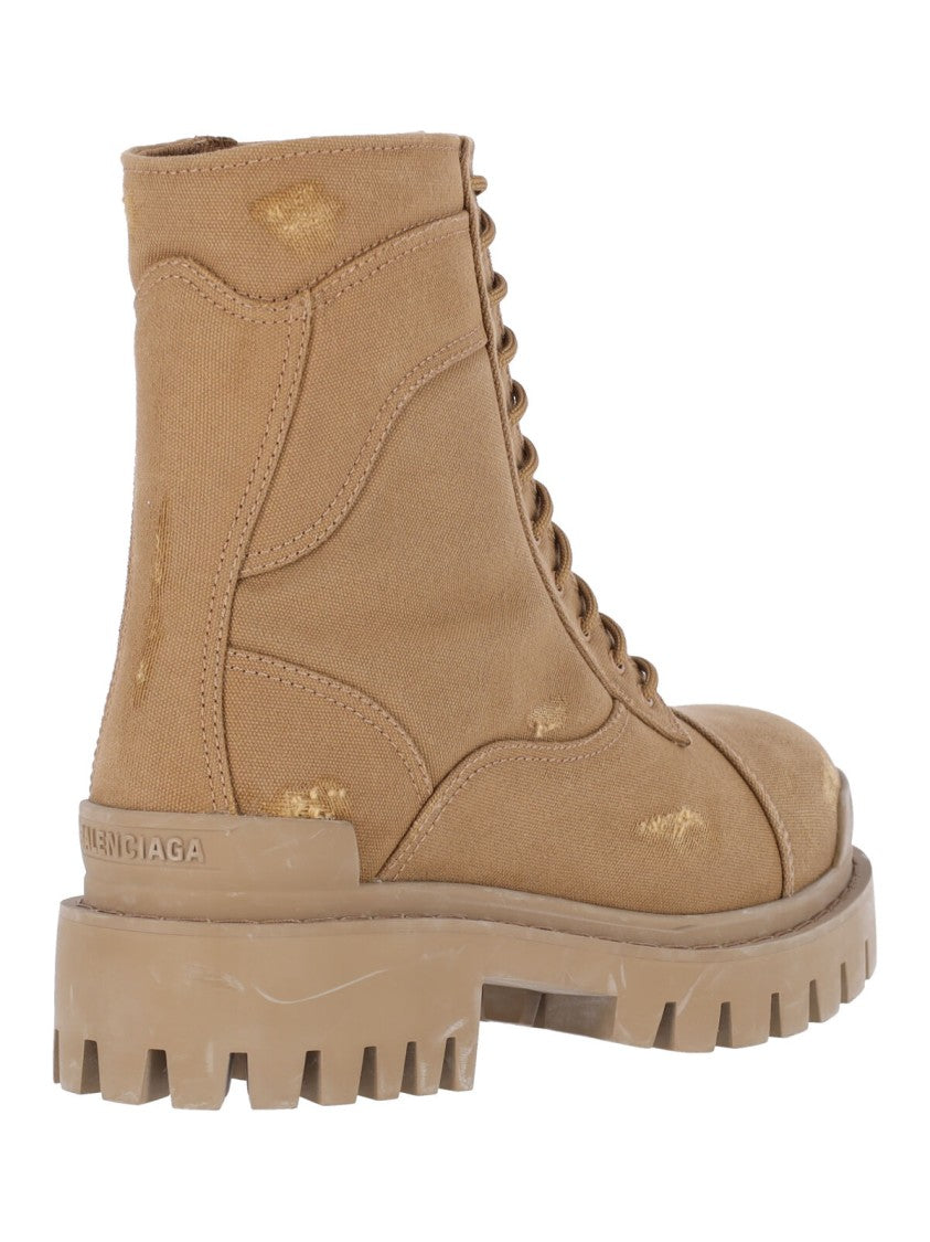 Balenciaga Distressed Cotton Combat Boots With Round Toe