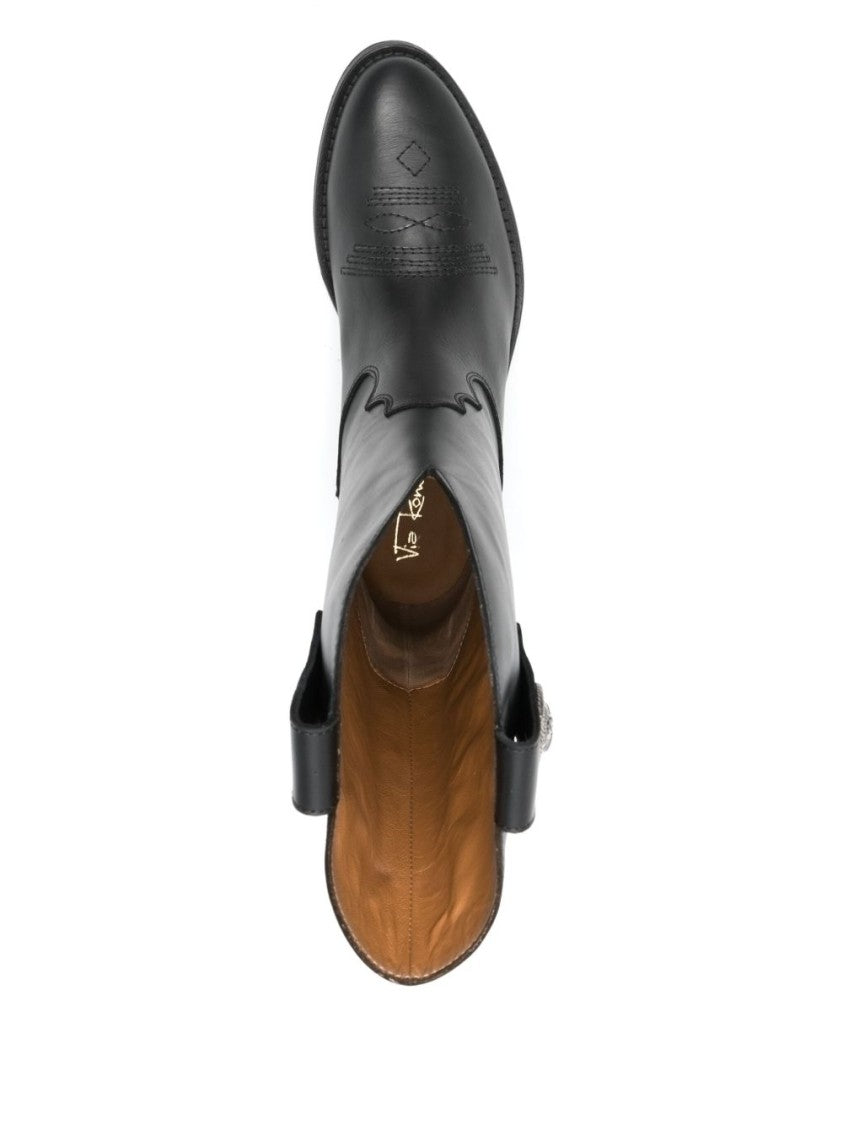 Via Roma 15 Black Leather Texan Ankle Boots