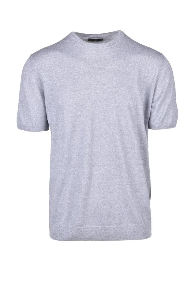 Fama Light Grey Linen Cotton Crew Knit Top