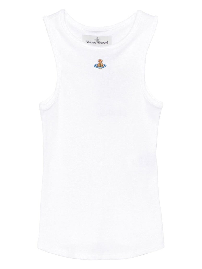 Vivienne Westwood White Ribbed Sleeveless Orb Emblem Top
