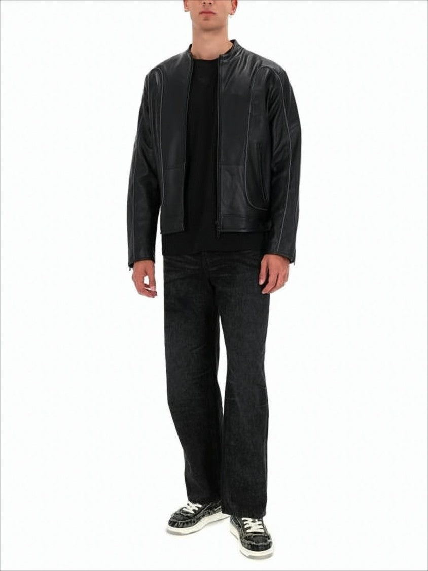 Diesel Minimalist Lambskin Leather Jacket With Zippered Cuffs