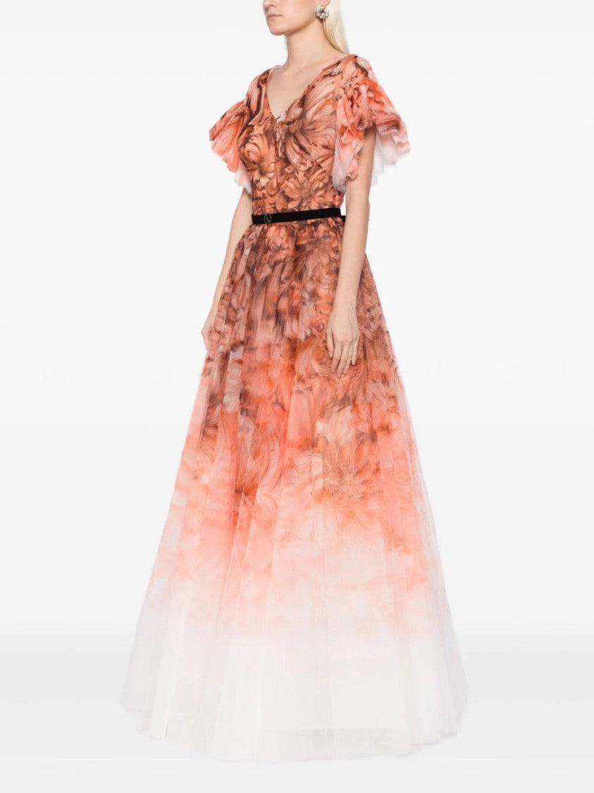 Saiid Kobeisy Tulle Printed Dress With Pleated Sleeves