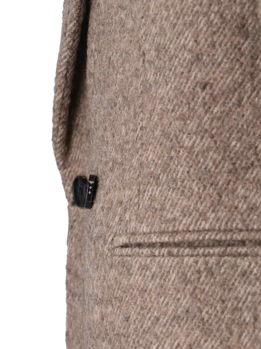 Tonywack Double-Breasted Beige Wool Coat With Herringbone Texture