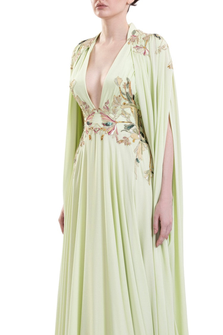 Saiid Kobeisy Reed-Colored Crepe Maxi Dress With Elegant Cape And Embroidery