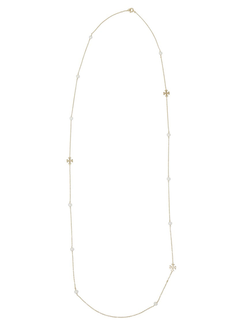 Tory Burch Long Kira Pearl Necklace With Floral Motifs