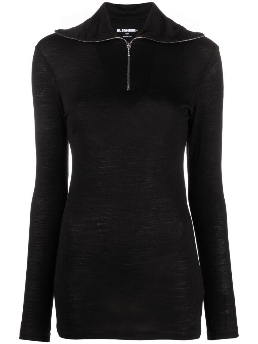 Jil Sander High-Collar Black Long-Sleeve Top With Zipper Detail