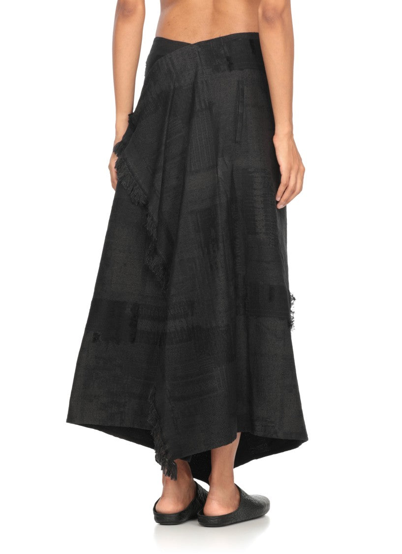 Y's Asymmetrical Dark Grey Midi Skirt With Fringed Details