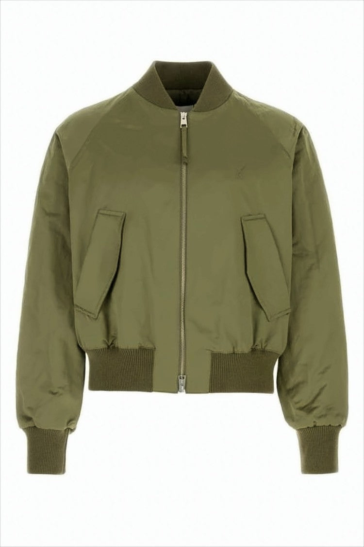 Ami Paris Cropped Green Bomber Jacket With Flap Pockets