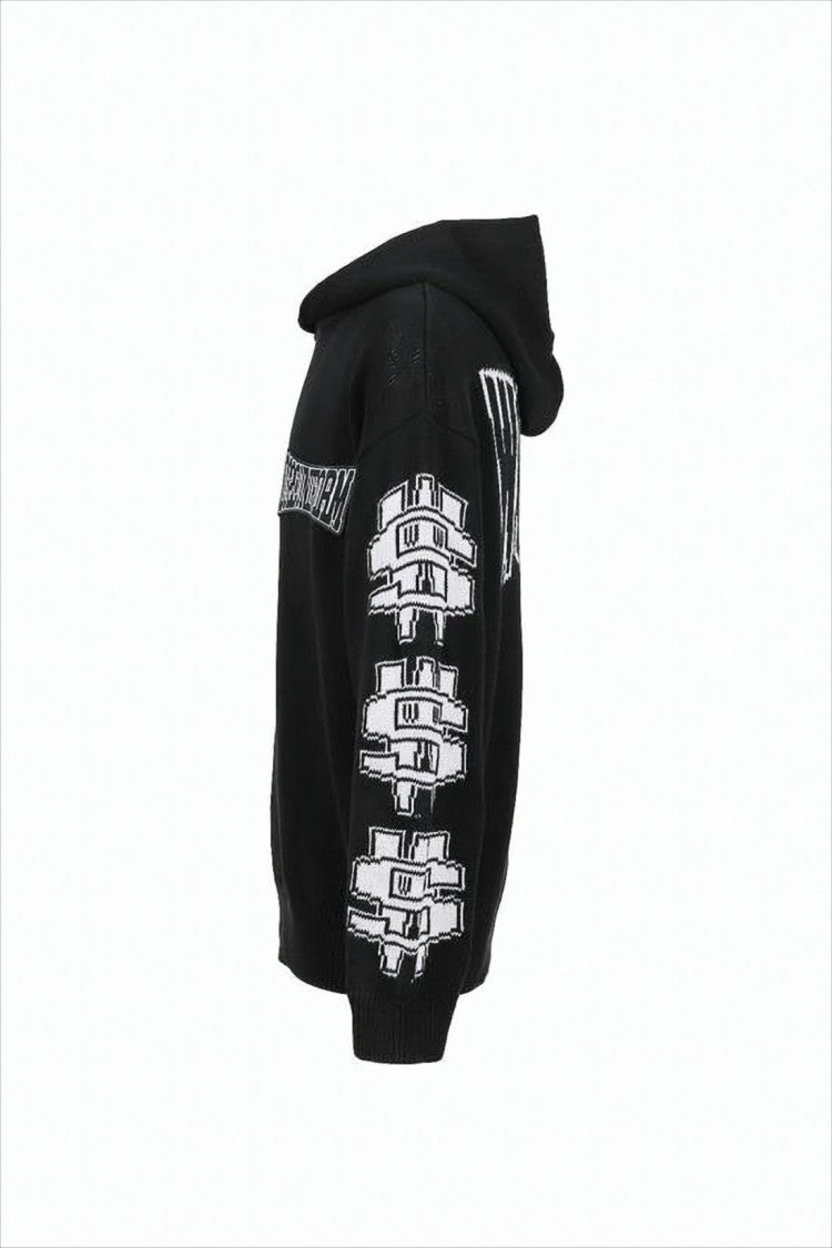 032C Black Hooded Knit Sweater With Graphic Motifs