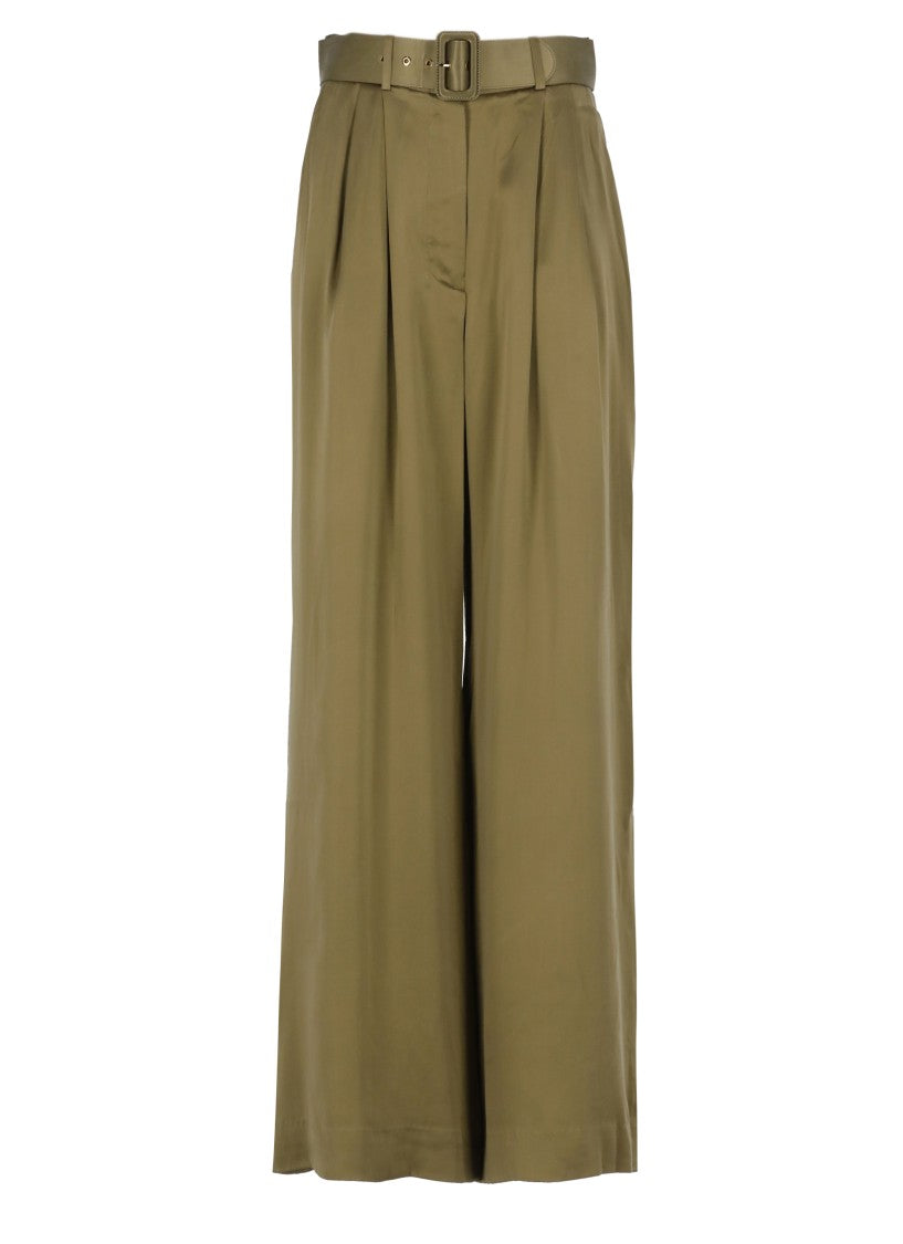 Zimmermann Green Wide-Leg Silk Tuck Pants