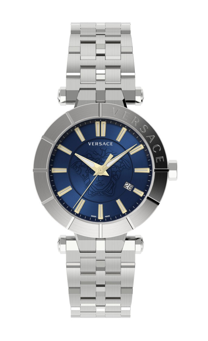 Versace V-Race 43Mm Stainless Steel Quartz Watch With Blue Dial