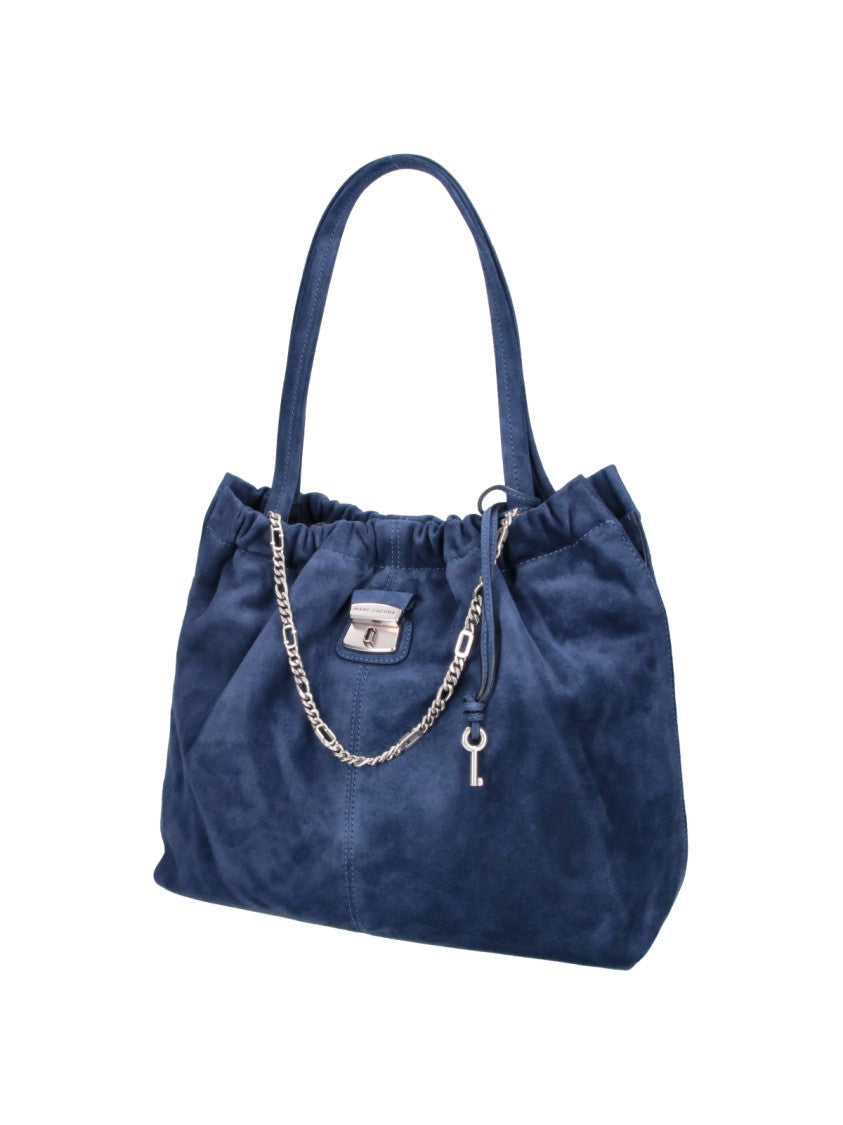Marc Jacobs Elegant Deep Blue Calf Suede Tote Bag With Silver Hardware