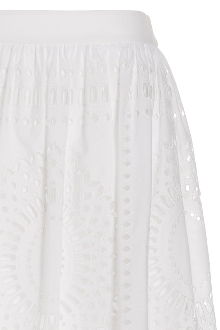 Alberta Ferretti Perforated White Midi Skirt Gathered Waistband