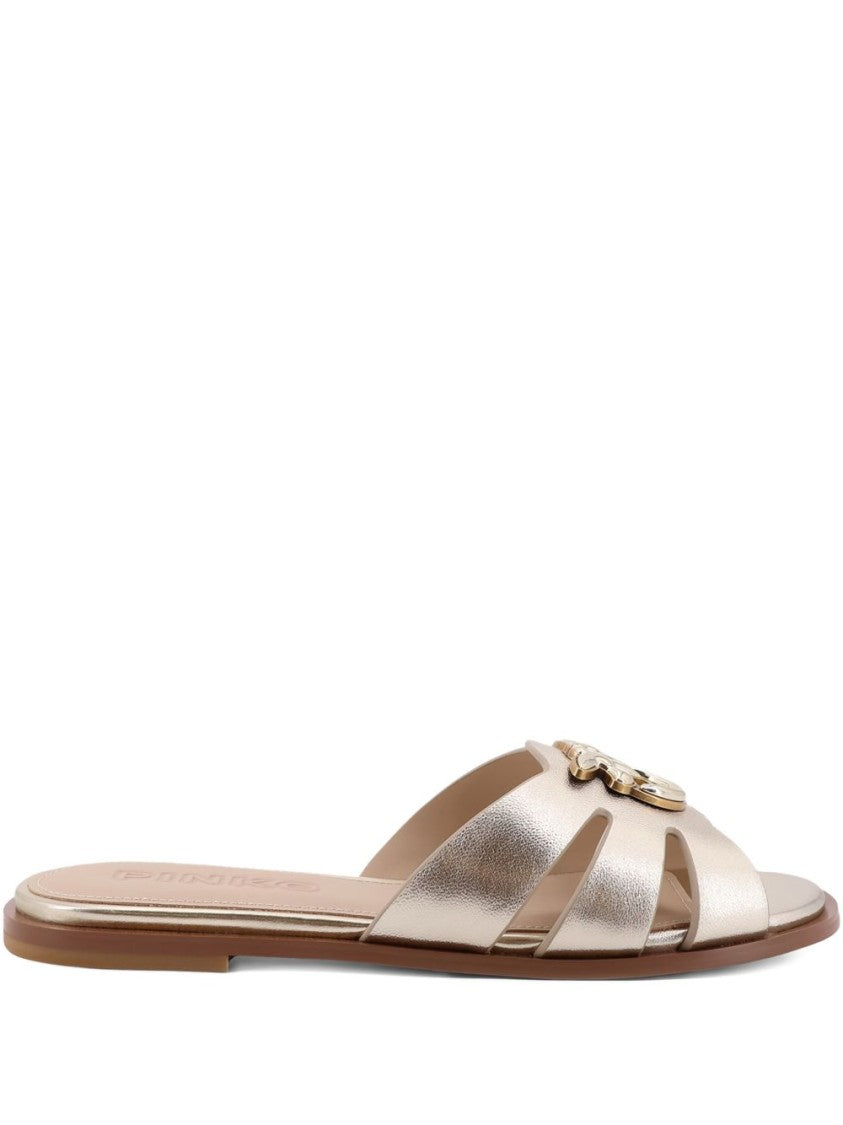 Pinko Gold-Tone Metallic Flat Sandals With Intricate Cutout Design