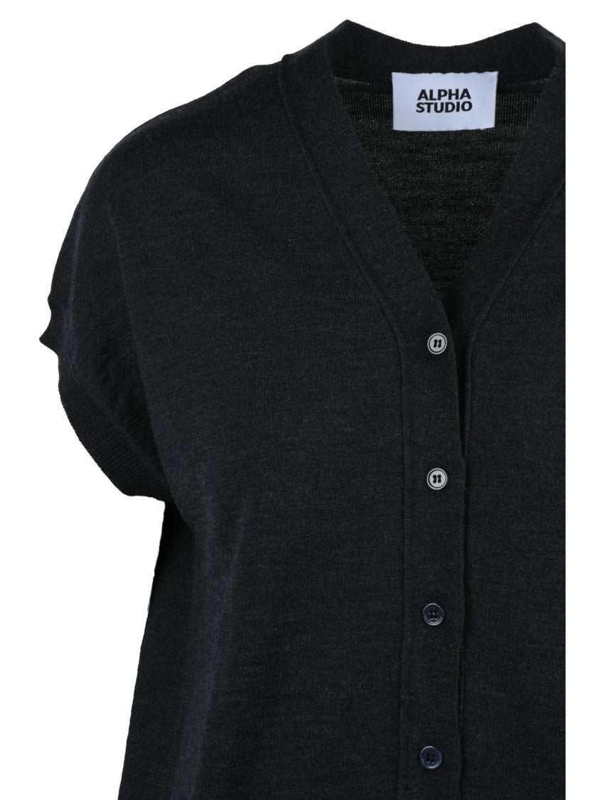 Alpha Studio Grey Button-Down Merino Wool Vest With V-Neckline And Front Pockets