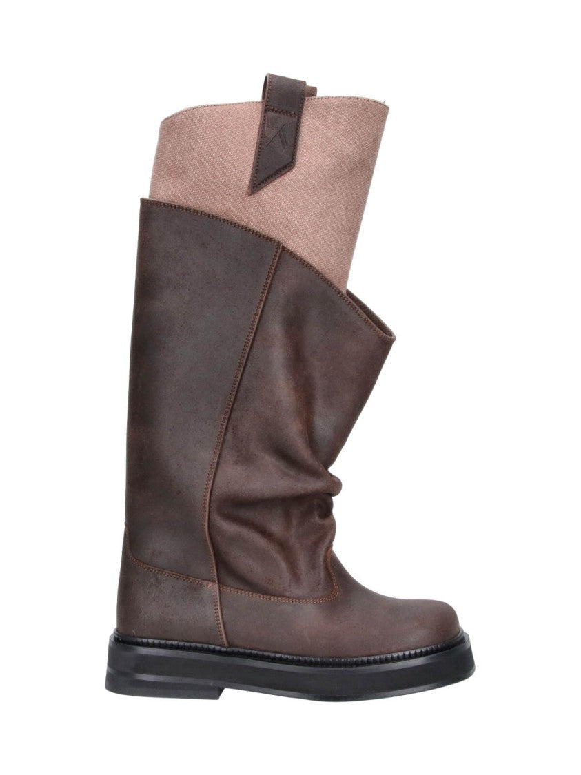 The Attico Slouchy Dark Brown Leather Boots With Light Beige Cuff
