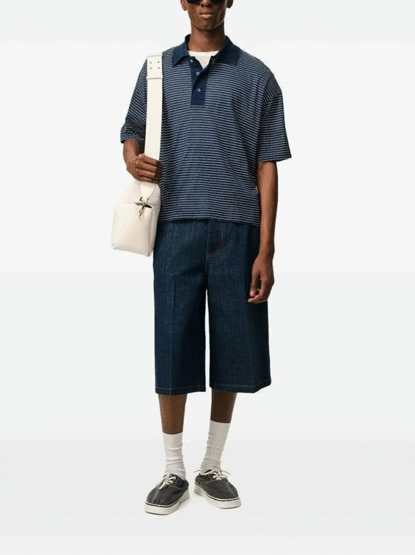 Ami Paris Cropped Navy Blue Striped Polo Shirt With Heart Logo