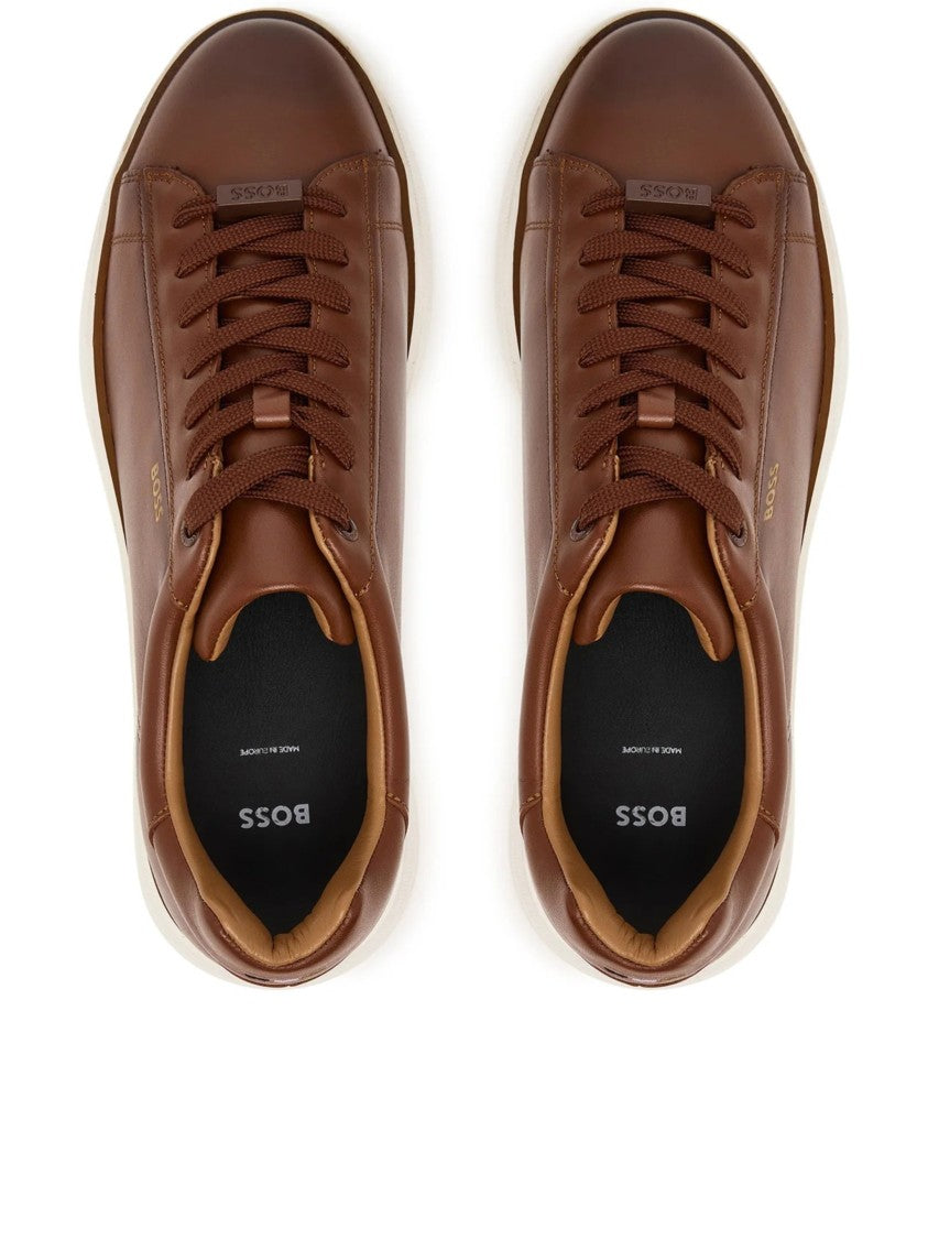 Hugo Boss Brown Smooth Leather White Sole Sneakers