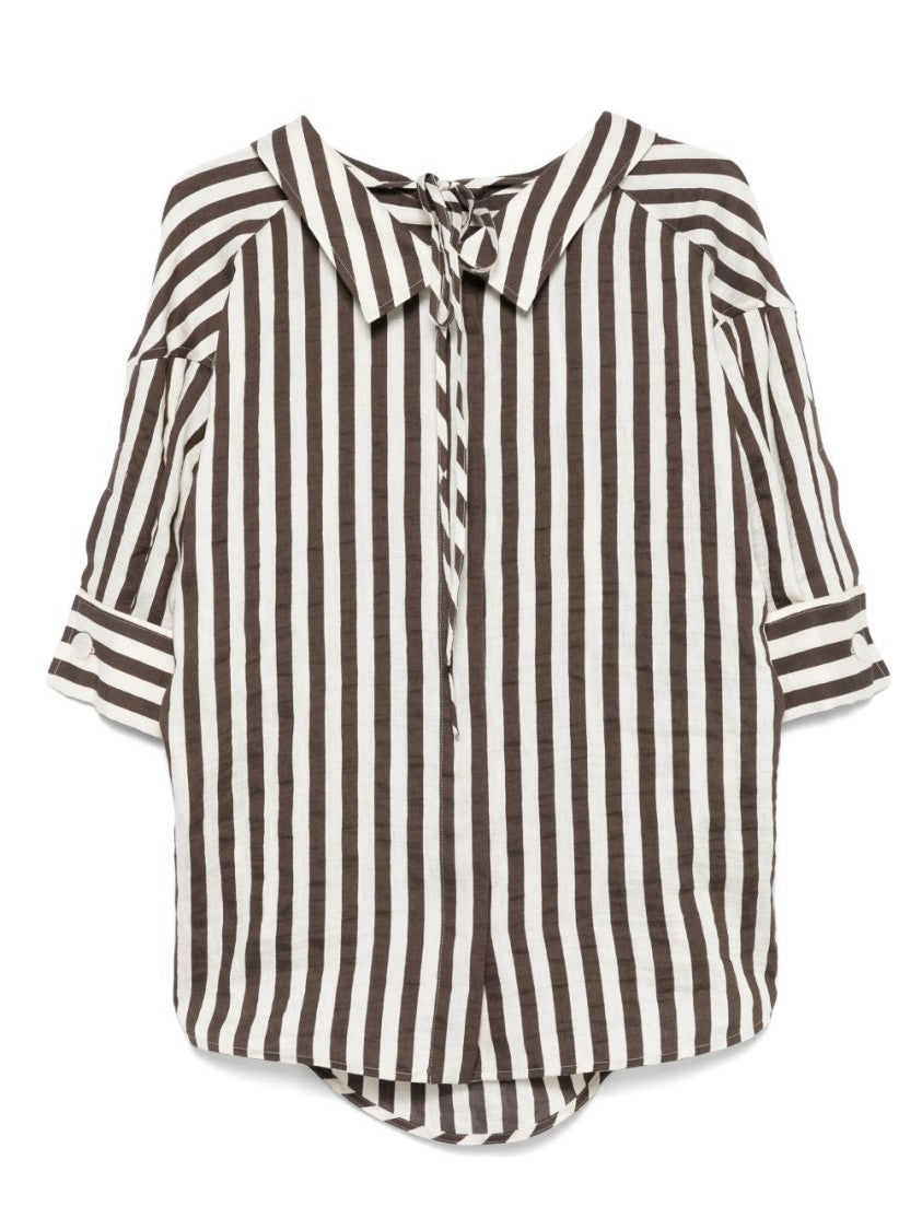 Seventy Sergio Tegon Brown Linen Blend Top With Tie Detail