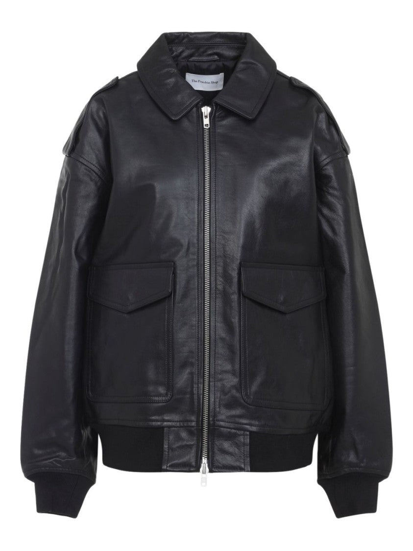 The Frankie Shop Black Viper Oversized Boxy Leather Jacket