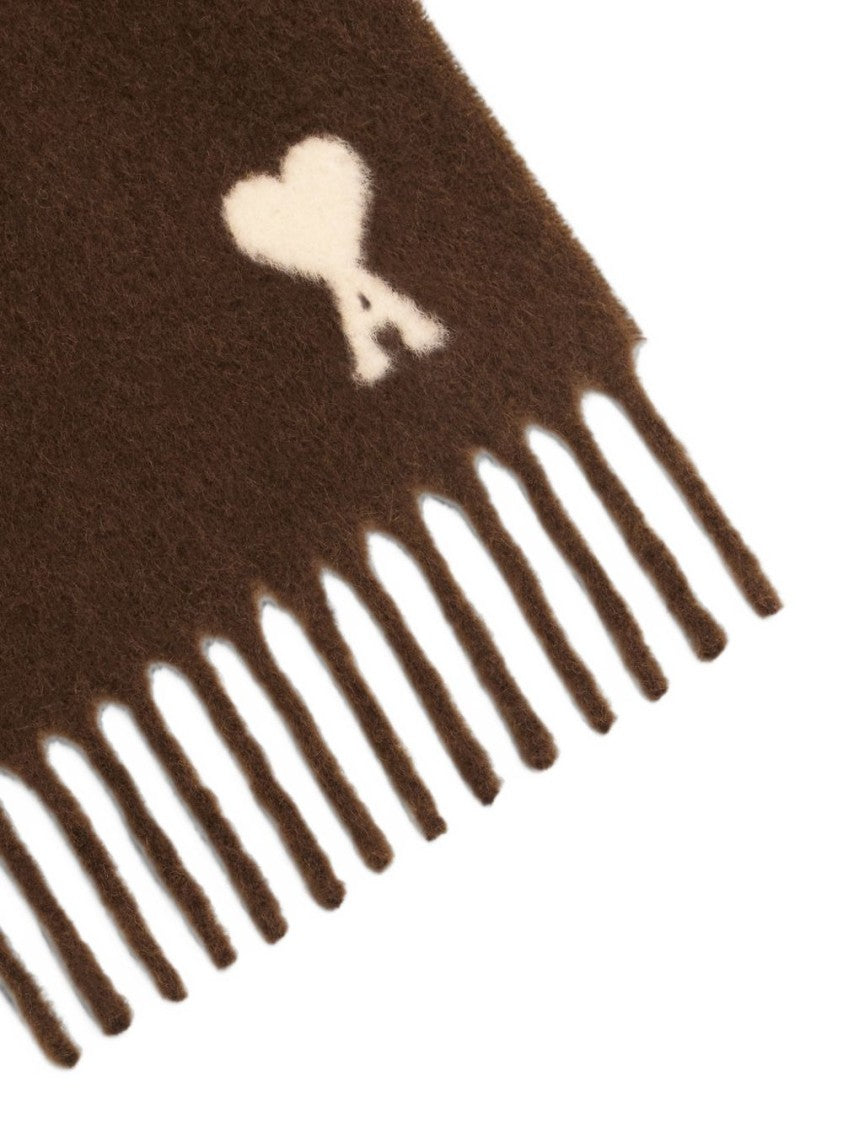 Ami Paris Brown Fringed Silk-Nylon Scarf