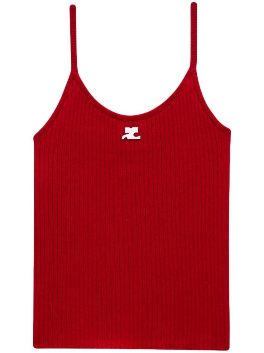 Courrèges Ribbed Knit Scoop Neck Top With Logo Patch