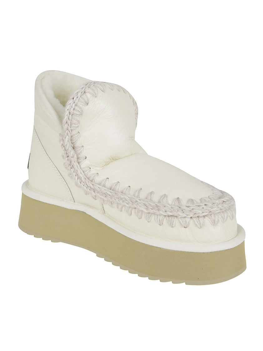 Mou Padded White Ankle Boots With Whipstitch Detailing