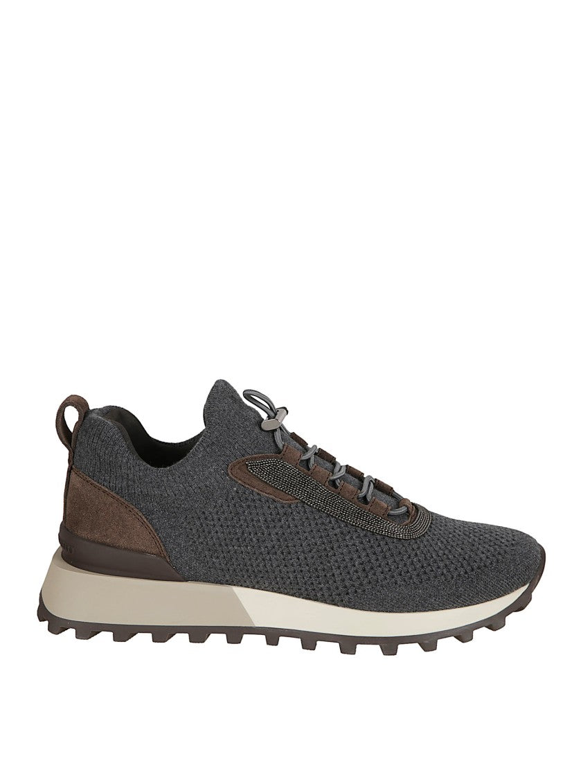 Brunello Cucinelli Knitted Low-Top Sneakers With Two-Tone Pattern And Jewel Accents