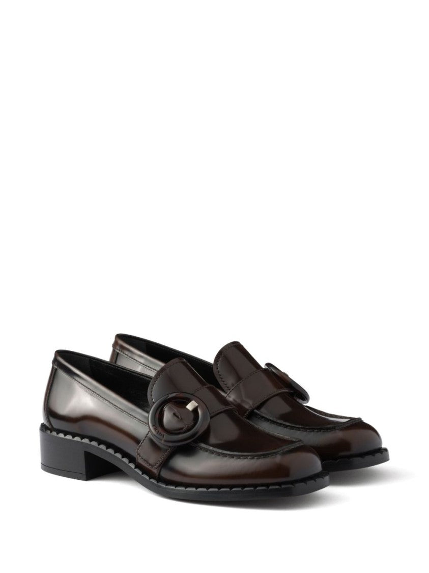 Prada Polished Brown Flat Shoes With Decorative Buckle