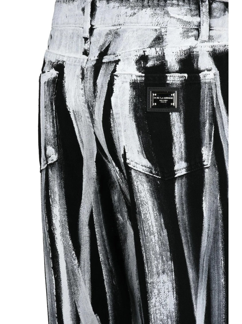 Dolce & Gabbana Black/White Brushstroke Patterns Structured Cotton Jeans