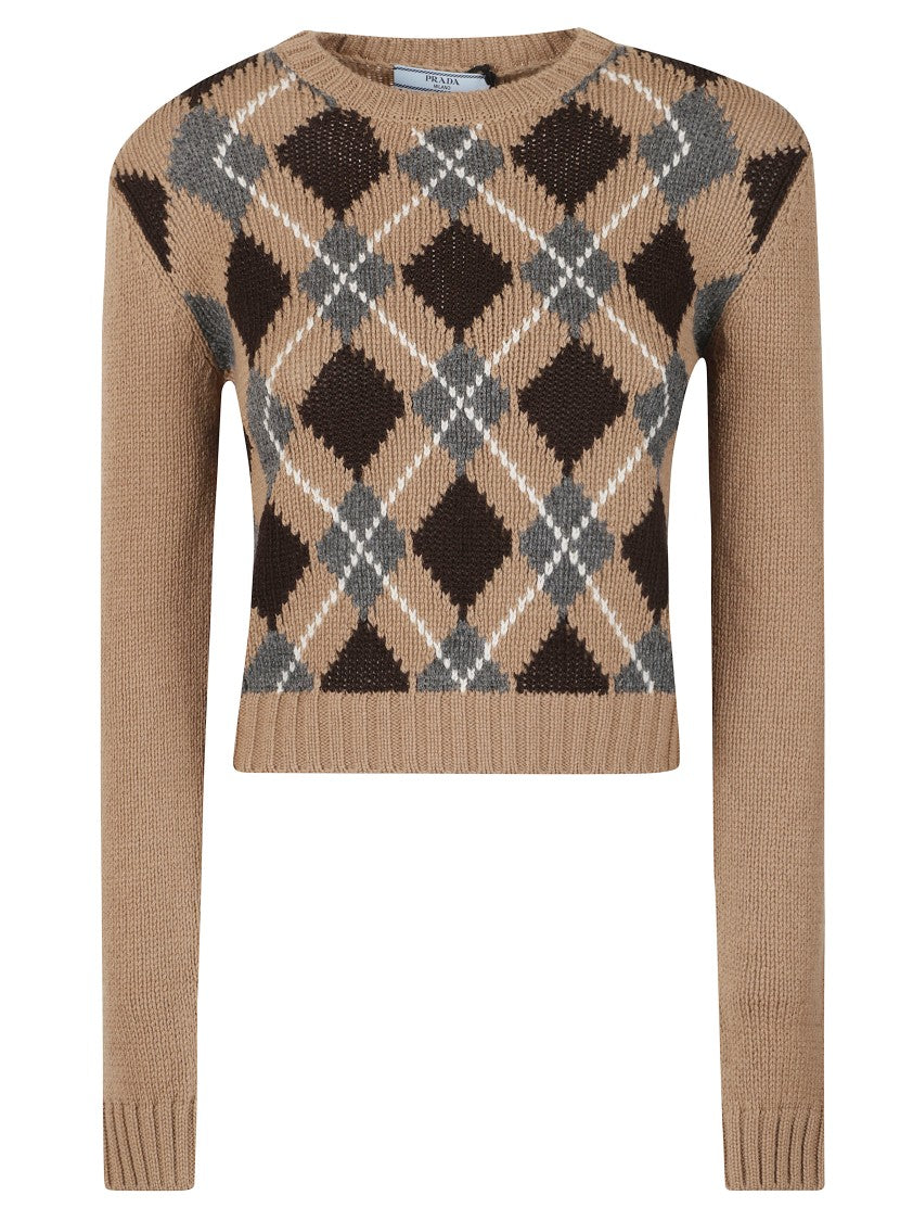 Prada Cropped Argyle Sweater With Round Neckline