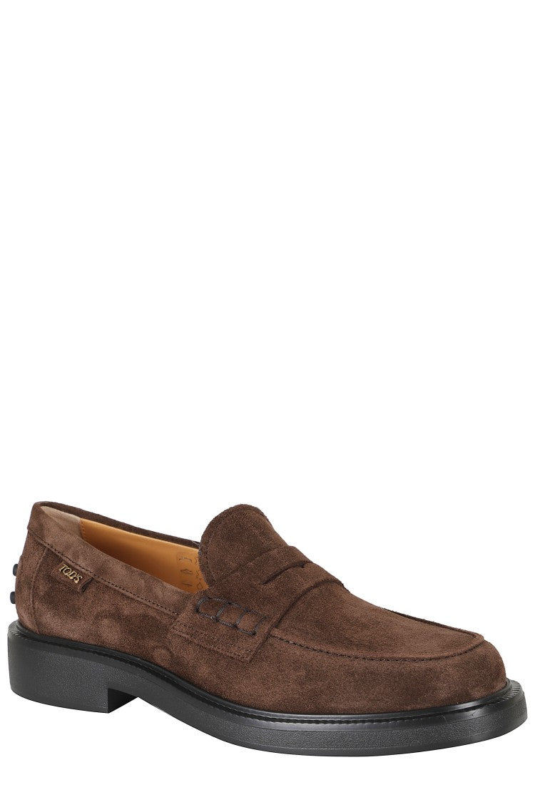 Tod's Brown Suede Gold Logo Loafers