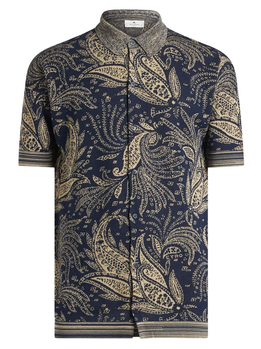 Etro Short-Sleeved Blue Jacquard Shirt With Paisley Motif