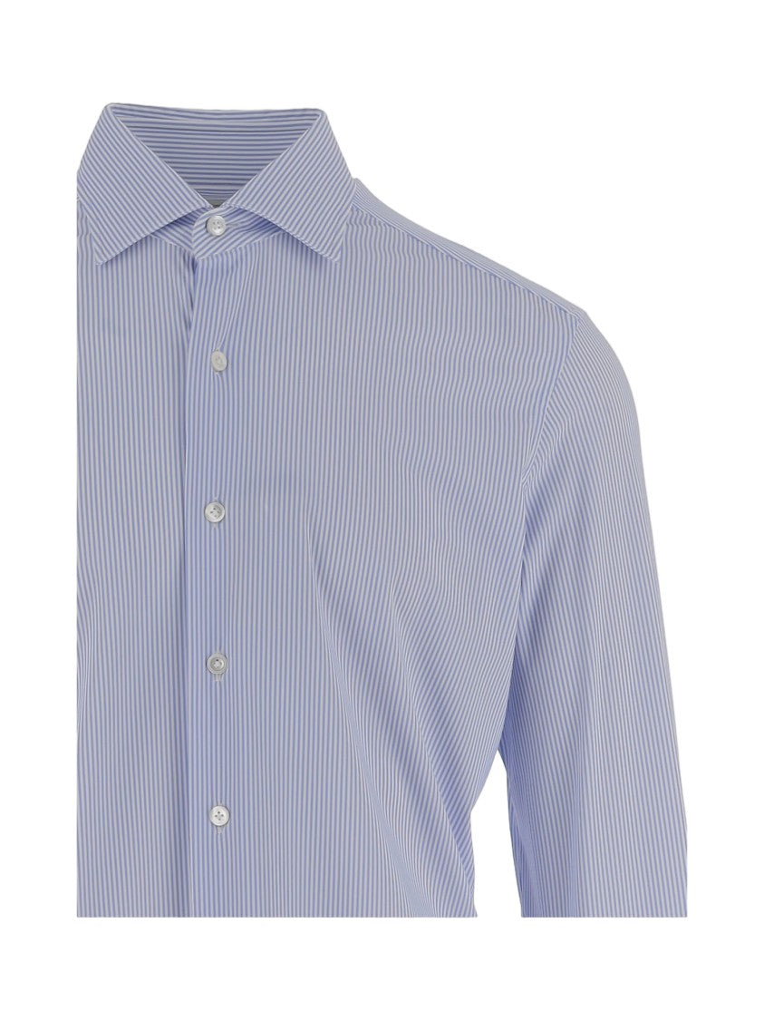 Gherardi Light Blue Stretch Jersey Shirt With Classic Collar And Striped Pattern