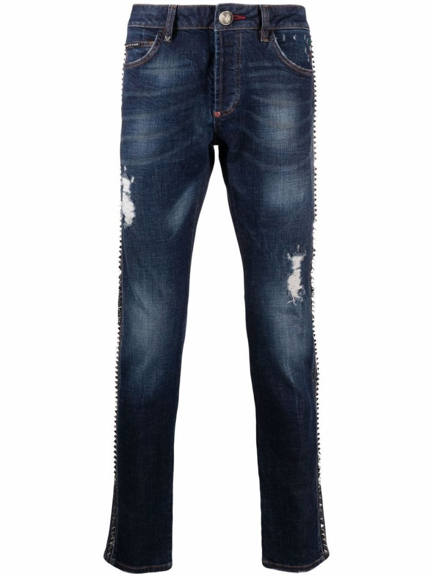 Philipp Plein Distressed Dark Blue Straight Jeans With Metallic Accents