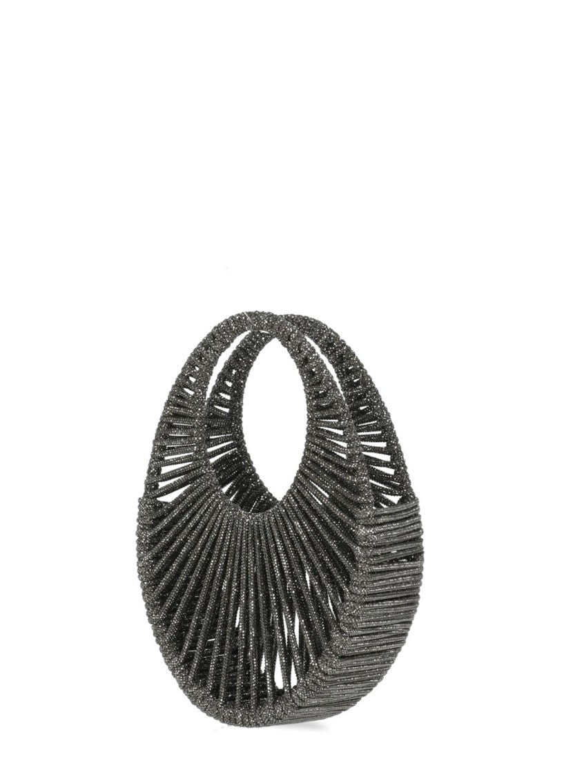 Hibourama Oval-Shaped Grey Hibourama Jewelry Bag With Woven Crystal Design