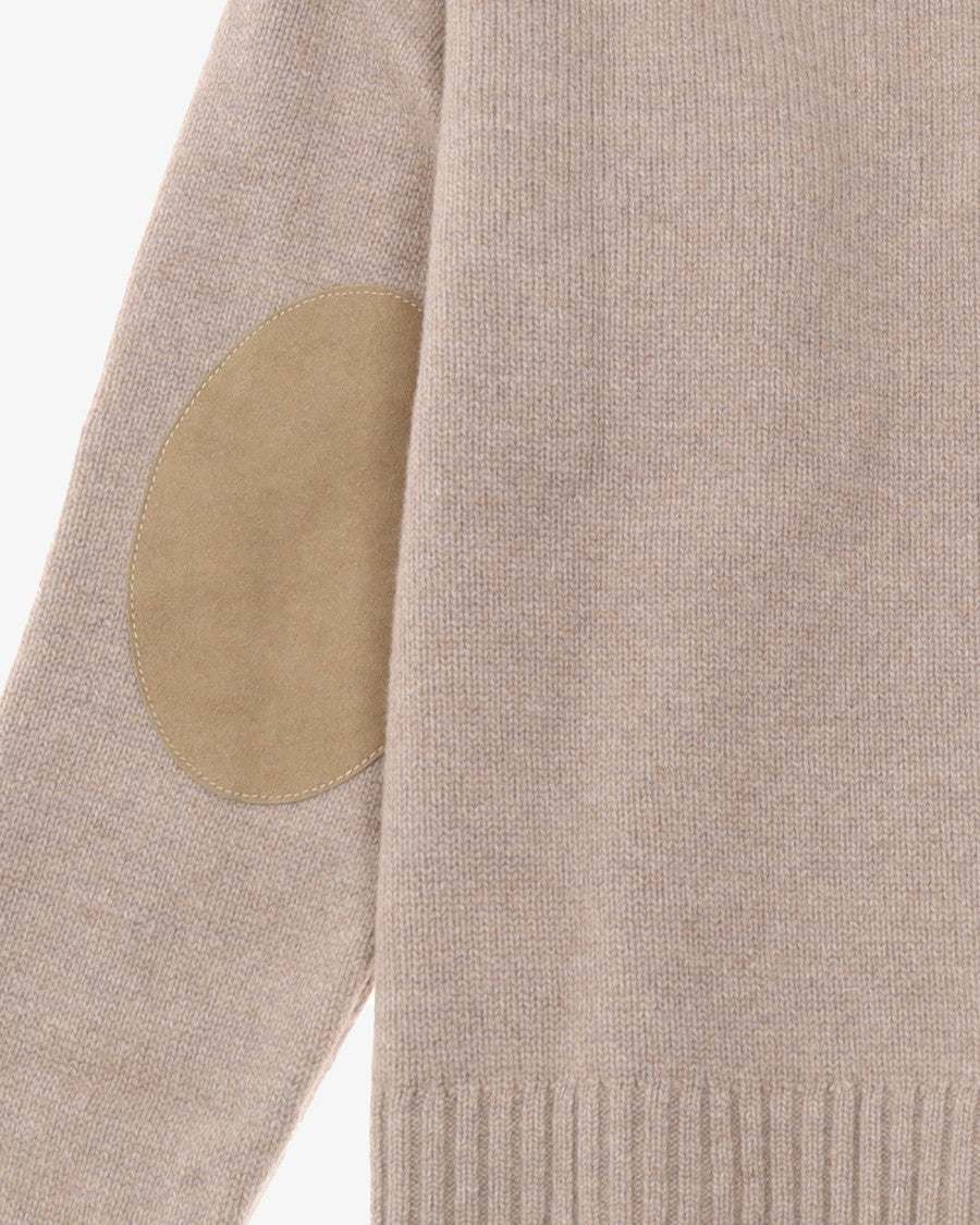 Ami Beige Wool-Cashmere Cardigan With Elbow Patches
