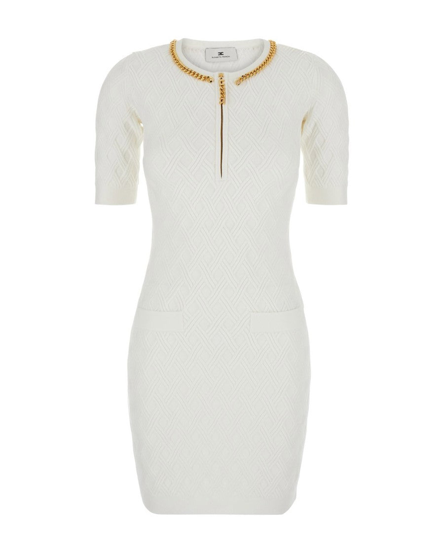 Elisabetta Franchi Ivory Diamond Knit Mini Dress With Jewel Detail