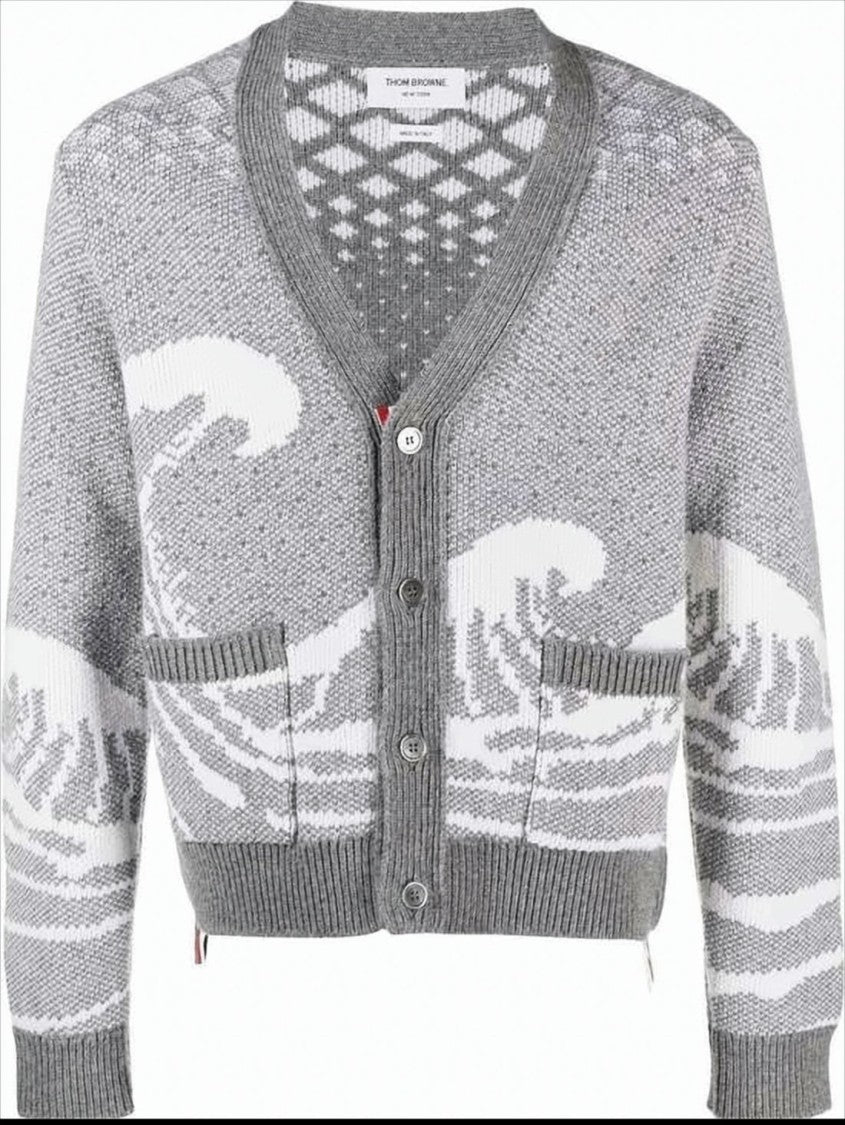 Thom Browne Textured Knit Grey Wool Cardigan With V-Neckline And Tricolor Details