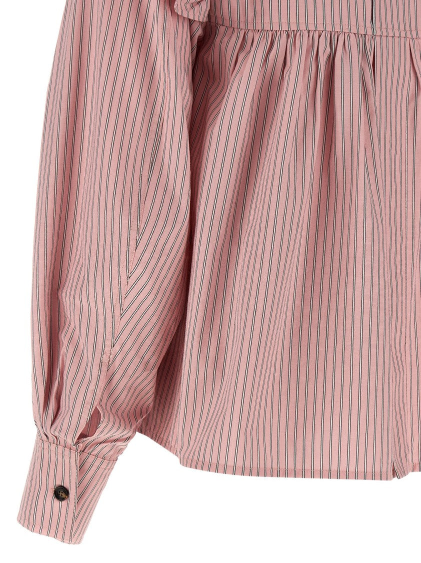 Ganni Oxford Striped Blouse With Ruffled Shoulders And Back Button Closure