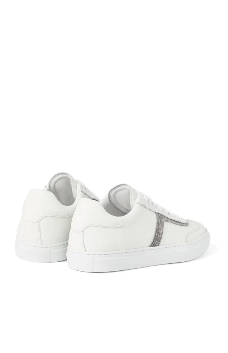 Brunello Cucinelli Sleek White Leather Sneakers With Textured Stripe