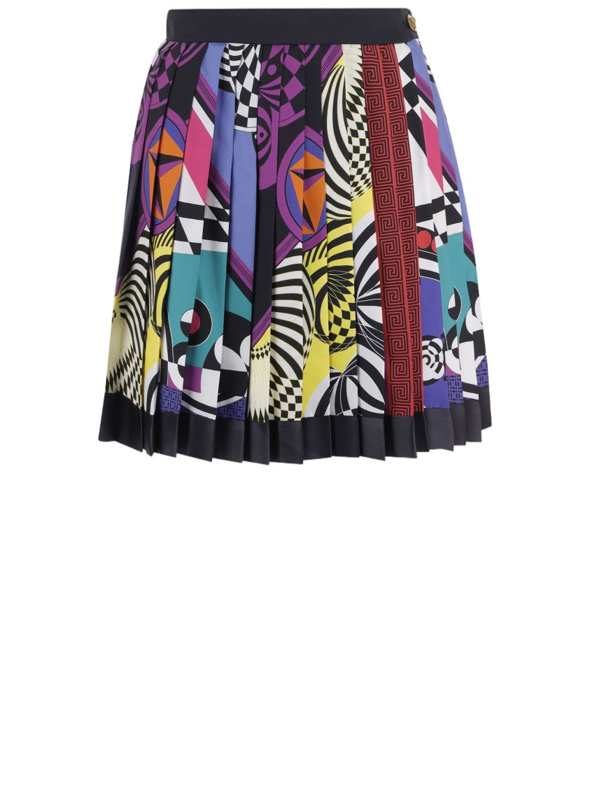 Versace Multi Pleated Medusa Button Silk Mini Skirt