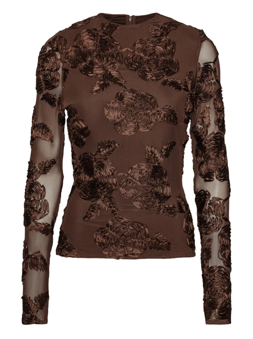 Rotate Floral Appliqué Sheer Mesh Long-Sleeve Top