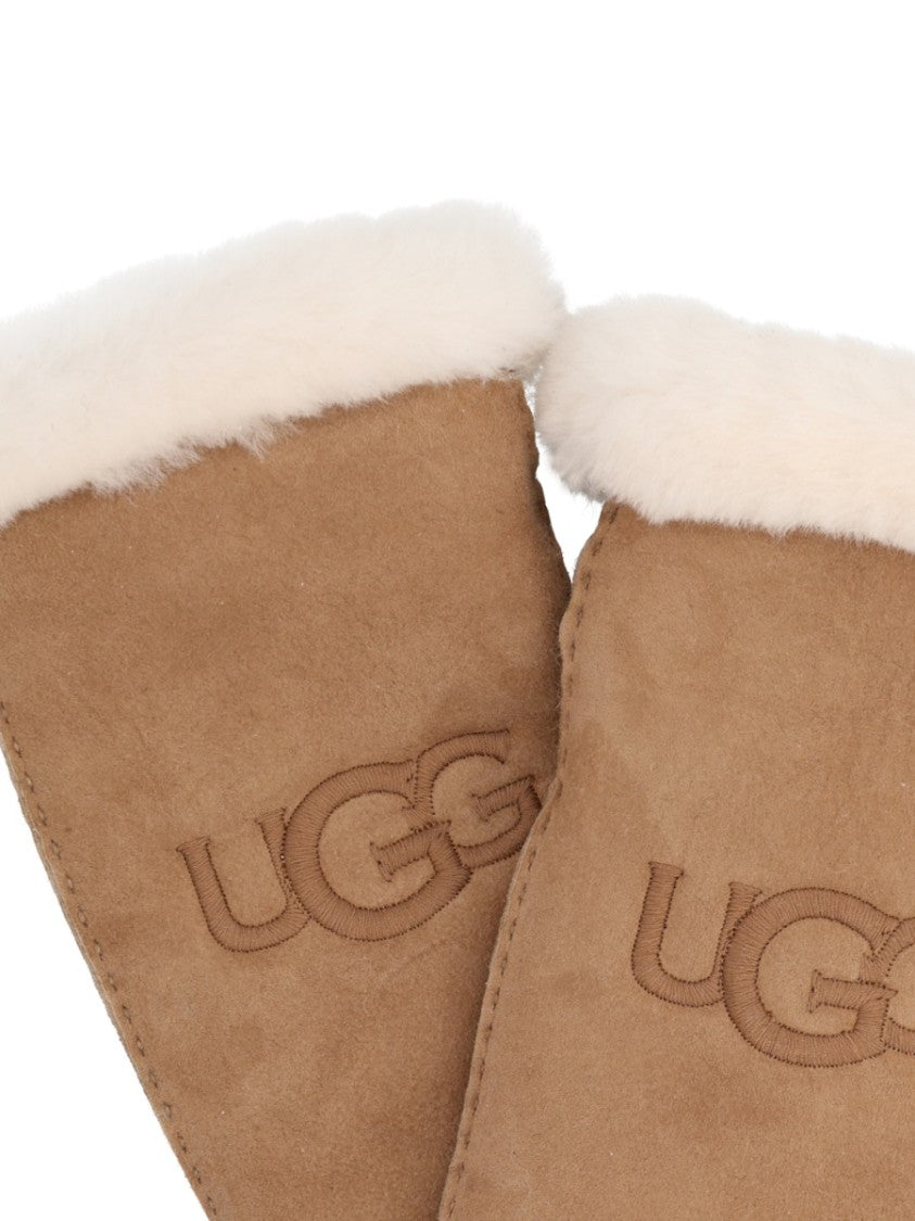 Ugg Brown Suede Fur Trim Mitten Gloves